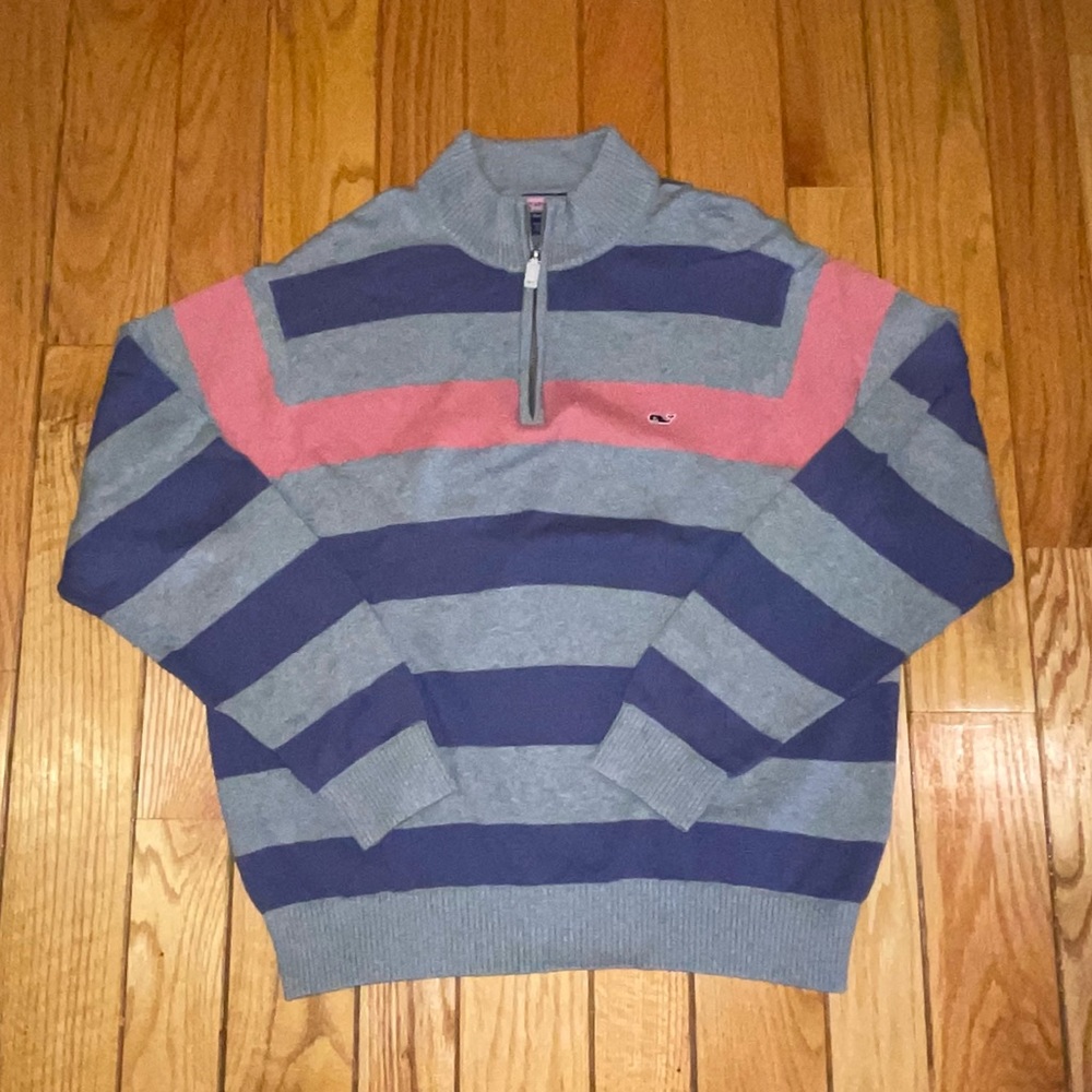Vineyard Vines Gray and Blue Striped Sweater with Pink Accents